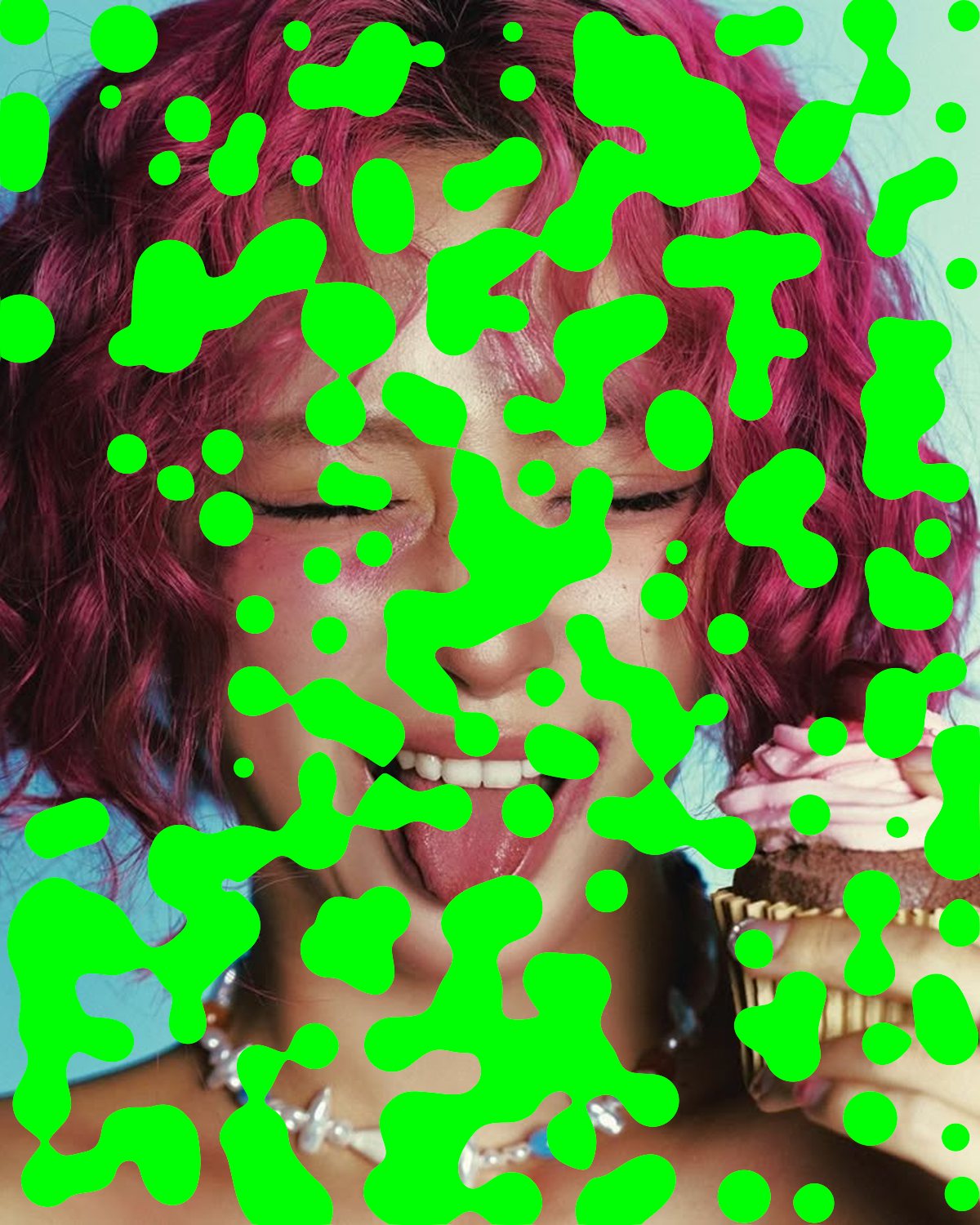 Metaball effect on a portrait of a laughing woman with pink curly hair, made with the Acid filter in Filter Archive (Slime preset)