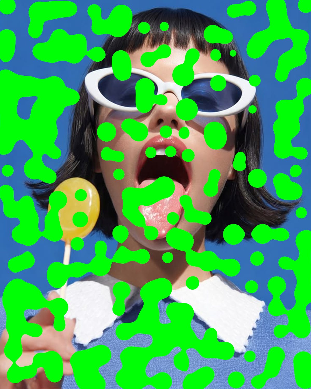 Metaball effect on a portrait of a woman in white sunglasses with a lollipop, made with the Acid filter in Filter Archive (Slime preset)