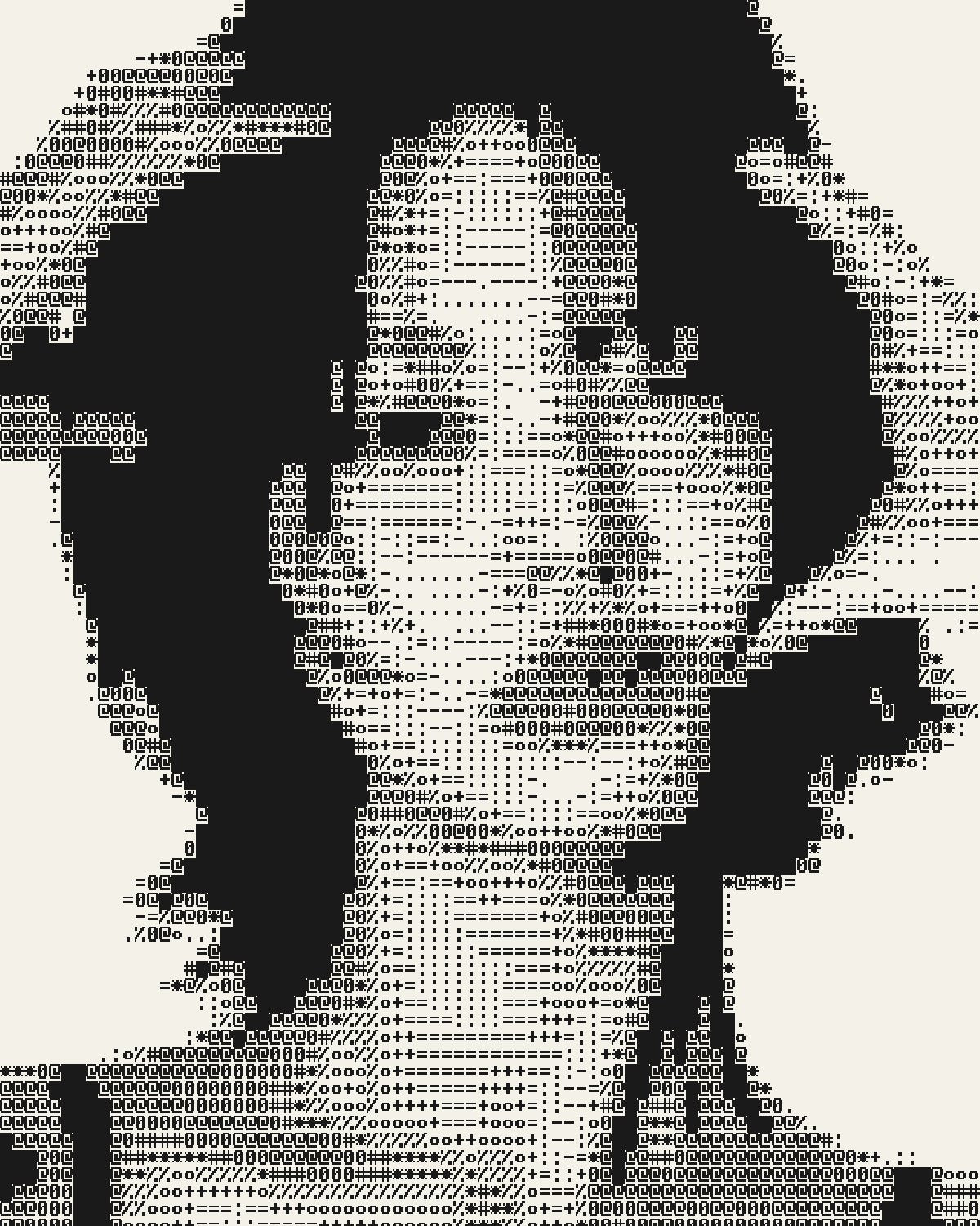 ASCII art effect on a portrait of a woman with black hair, hands on her head, made with the ASCII filter in Filter Archive (Plotter preset)