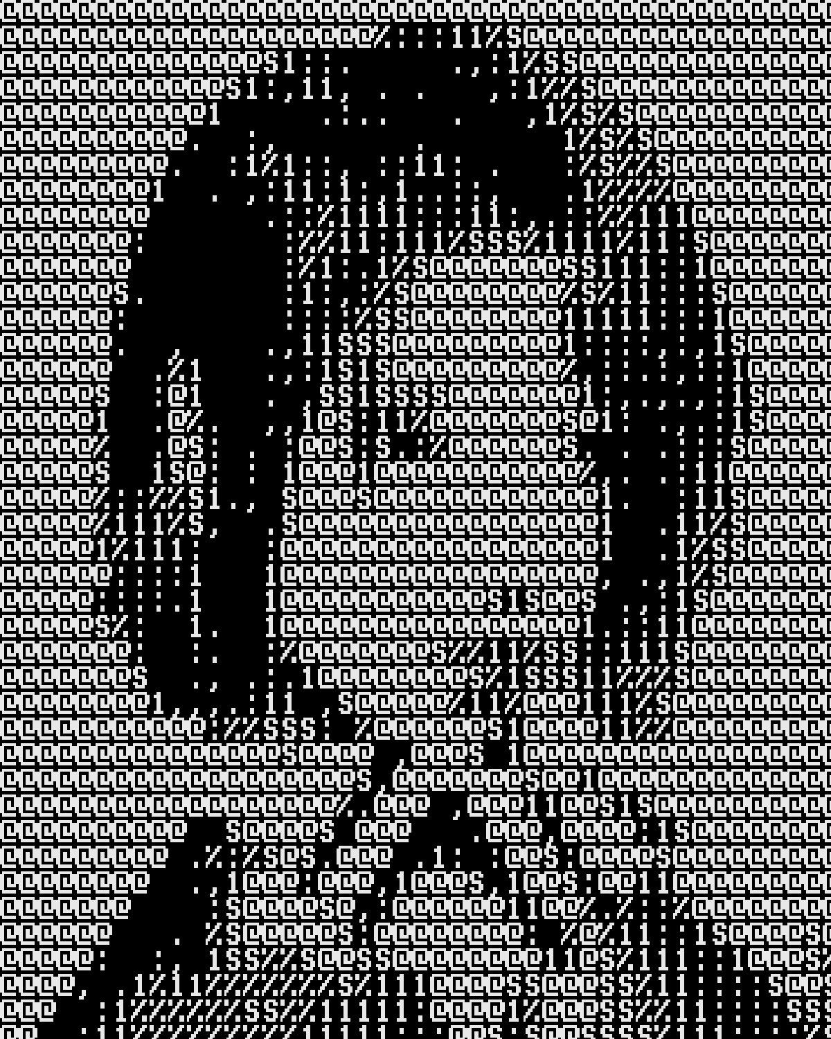 ASCII art effect on a portrait of a woman with copper red hair, made with the ASCII filter in Filter Archive (Terminal preset)