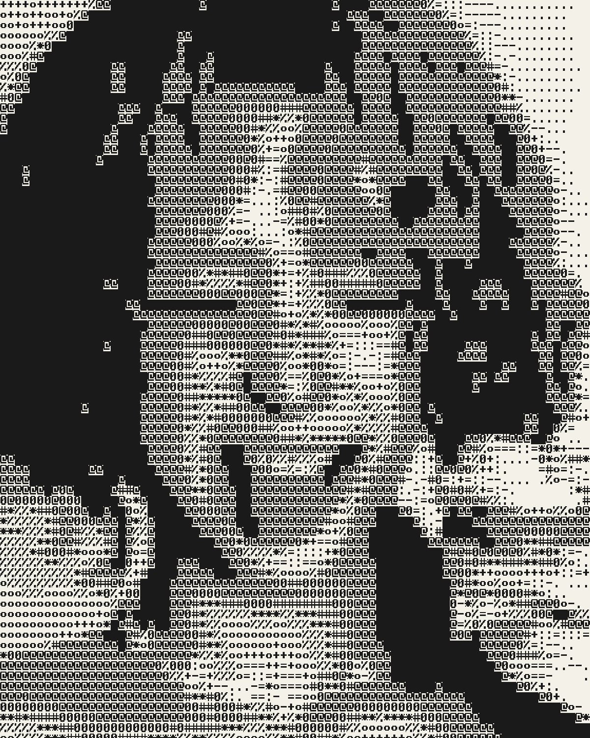 ASCII art effect on a portrait of a laughing woman with pink curly hair, made with the ASCII filter in Filter Archive (Plotter preset)