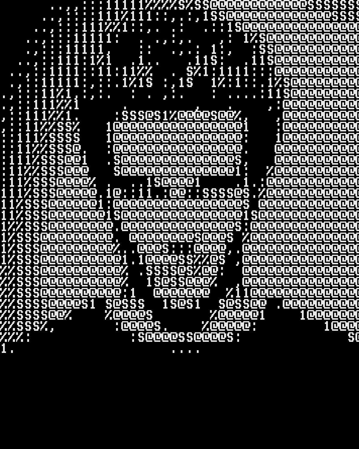 ASCII art effect on a portrait of a man with spiky red hair on a blue background, made with the ASCII filter in Filter Archive (Terminal preset)