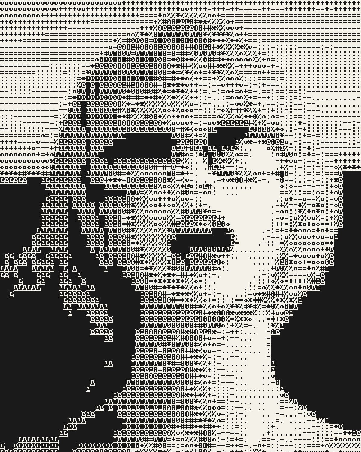 ASCII art effect on a portrait of a woman with silver hair and blue sunglasses by the sea, made with the ASCII filter in Filter Archive (Plotter preset)