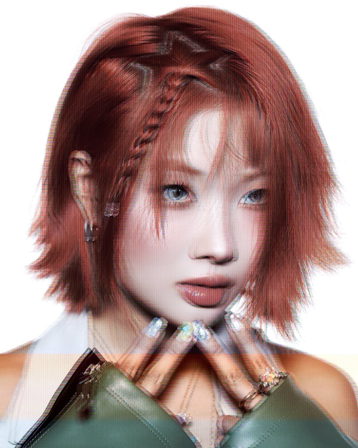 TV glitch effect on a portrait of a woman with copper red hair, made with the Broadcast filter in Filter Archive (Every Generation preset)