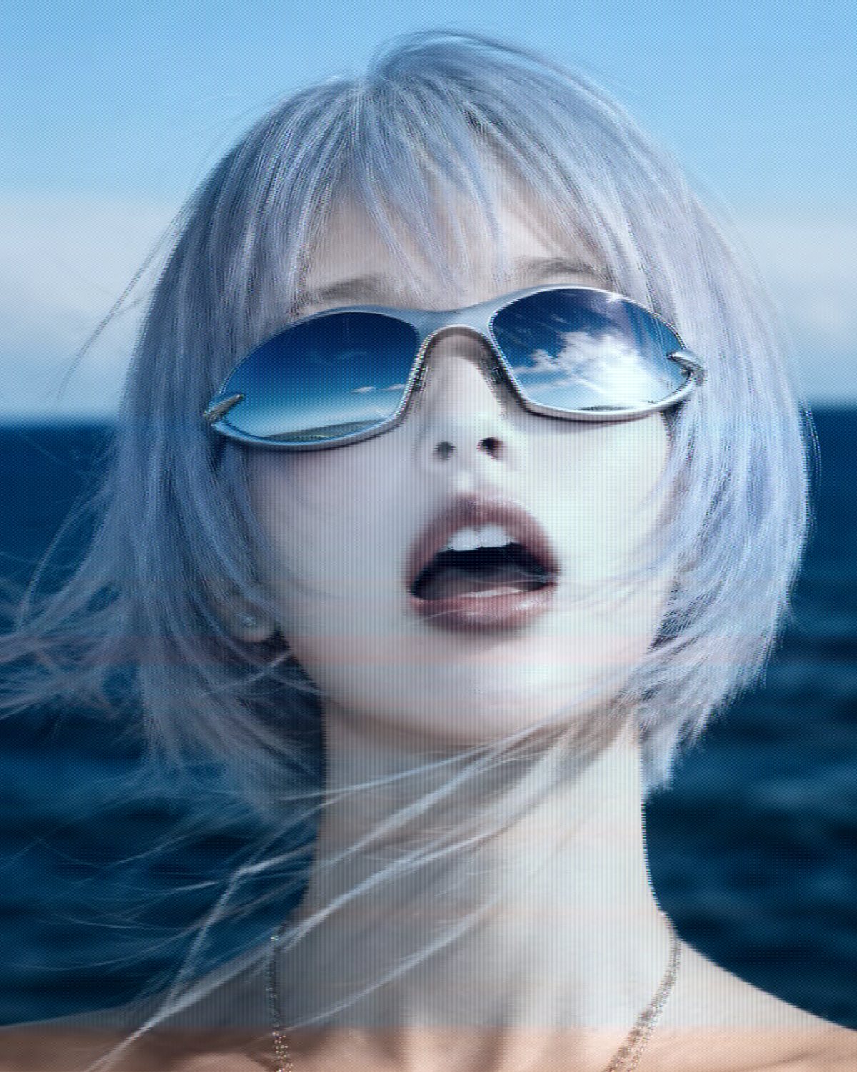 TV glitch effect on a portrait of a woman with silver hair and blue sunglasses by the sea, made with the Broadcast filter in Filter Archive (Composite Dub preset)