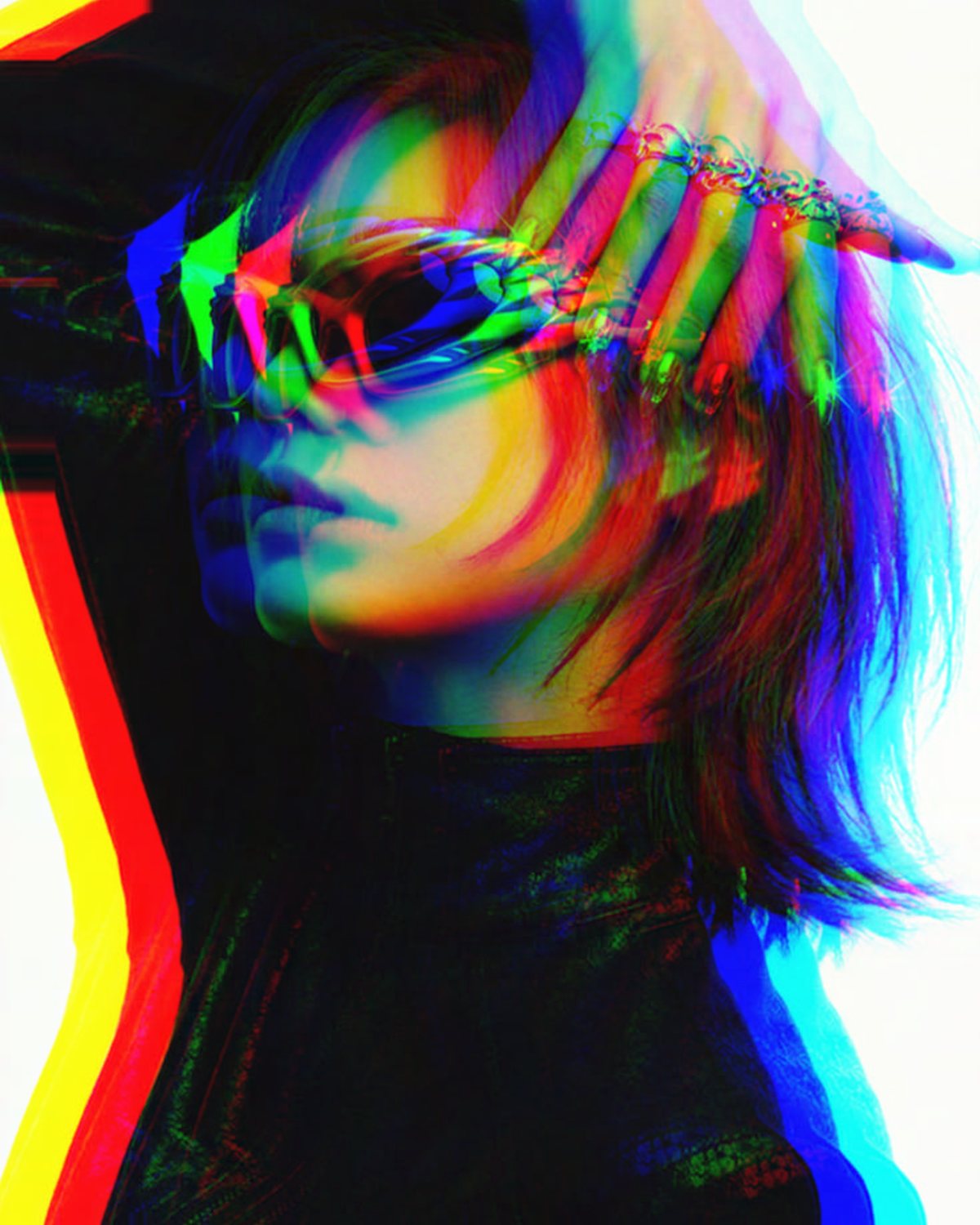 Chromatic aberration effect on a portrait of a woman with red hair in chrome sunglasses, made with the Chromatic Aberration filter in Filter Archive (Hard Split preset)