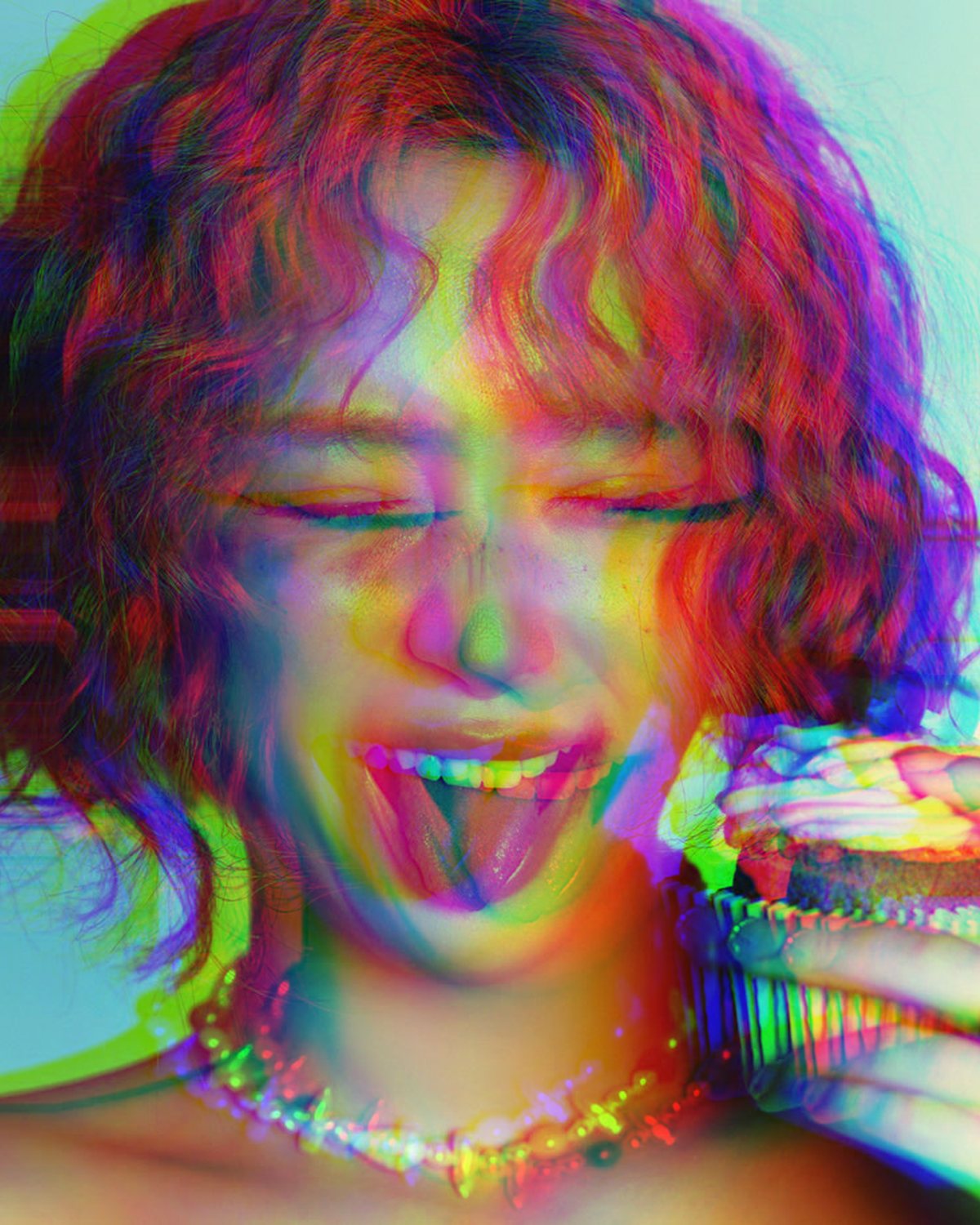 Chromatic aberration effect on a portrait of a laughing woman with pink curly hair, made with the Chromatic Aberration filter in Filter Archive (Hard Split preset)