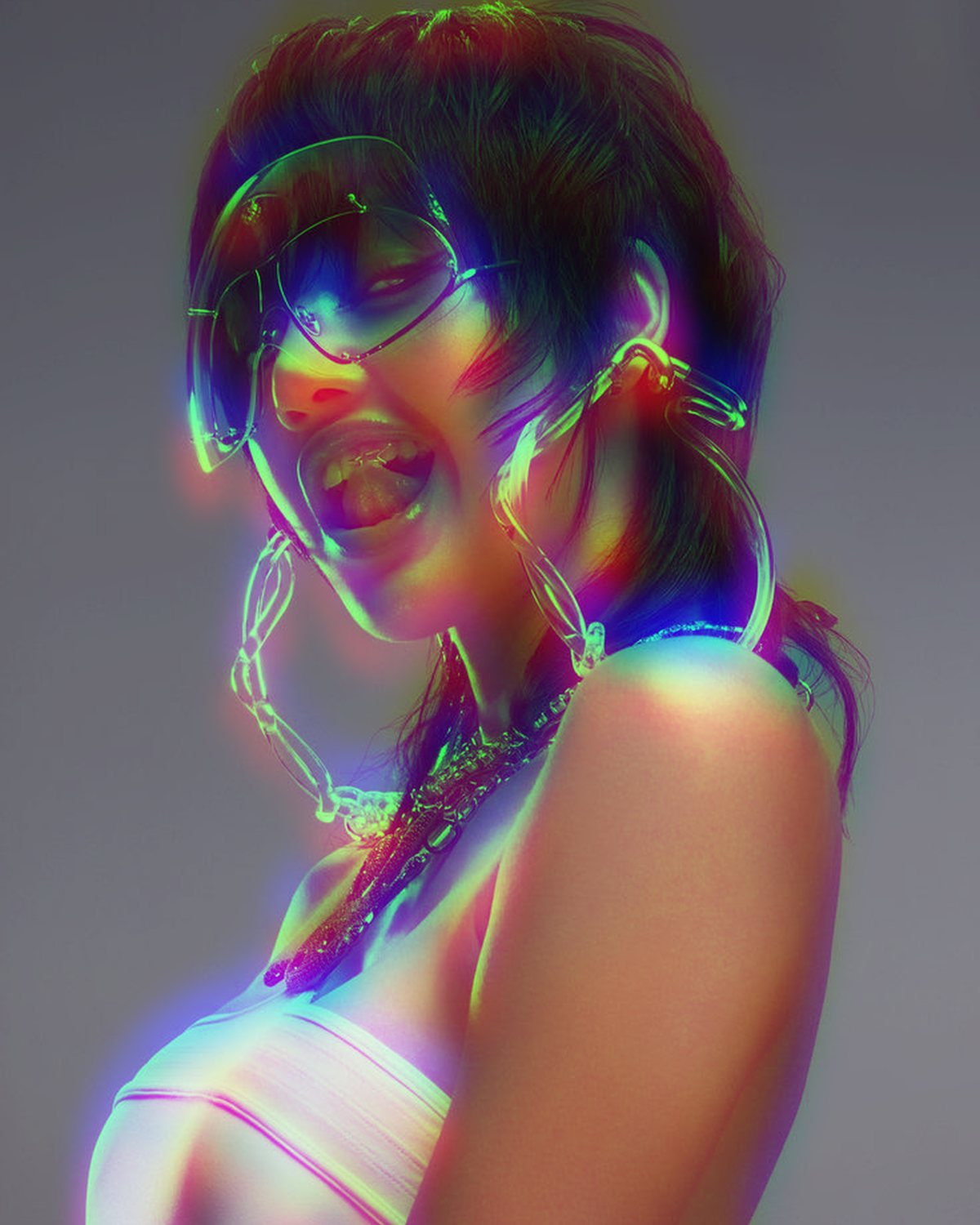 Chromatic aberration effect on a portrait of a woman with silver chains on a grey background, made with the Chromatic Aberration filter in Filter Archive (Soft Split preset)