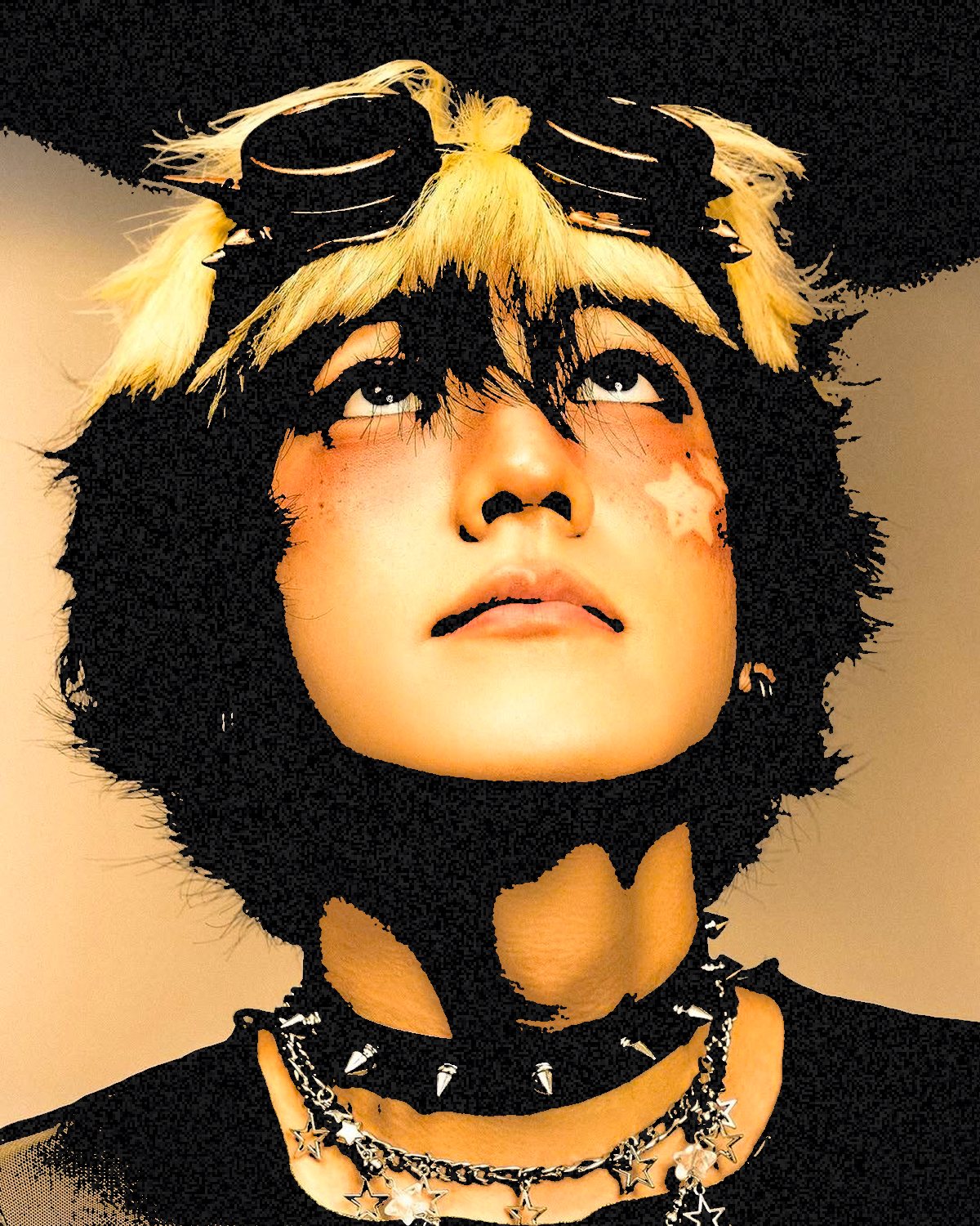 Colour photocopy effect on a portrait of a person with goggles looking up, made with the Colour Threshold filter in Filter Archive (Hard Copy preset)