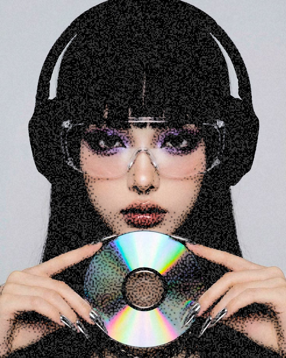 Colour photocopy effect on a portrait of a woman in headphones holding a CD, made with the Colour Threshold filter in Filter Archive (Xerox preset)