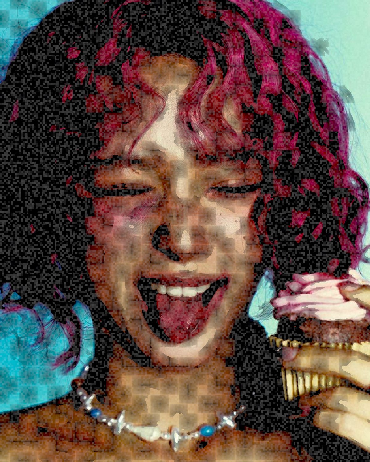 Colour photocopy effect on a portrait of a laughing woman with pink curly hair, made with the Colour Threshold filter in Filter Archive (Toner Dust preset)