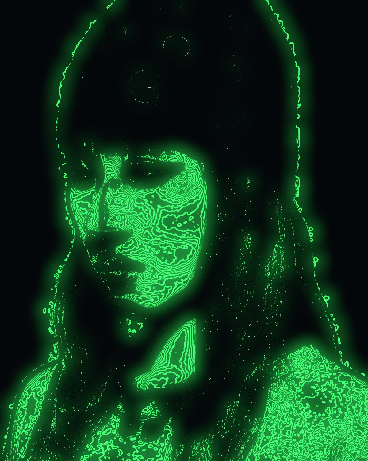 Contour line effect on a portrait of a woman with red hair in a studded beanie, made with the Contour Field filter in Filter Archive (Sonar preset)