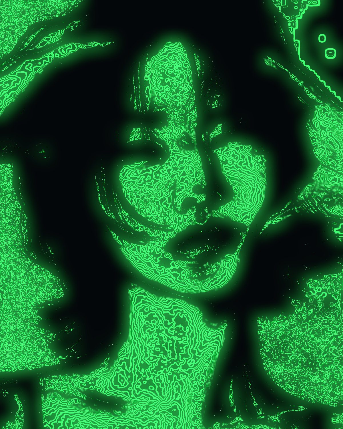Contour line effect on a portrait of a woman with black hair, hands on her head, made with the Contour Field filter in Filter Archive (Sonar preset)
