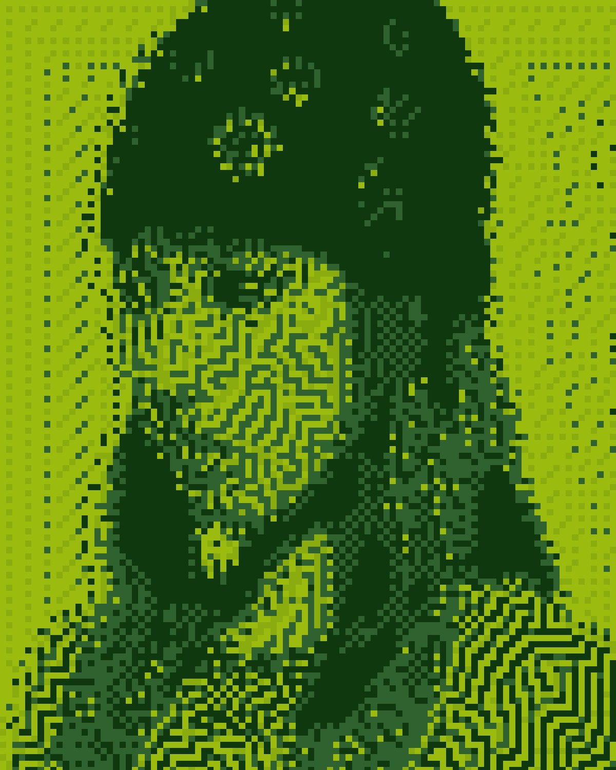 Corrupted image effect on a portrait of a woman with red hair in a studded beanie, made with the Corrupt filter in Filter Archive (Pocket preset)