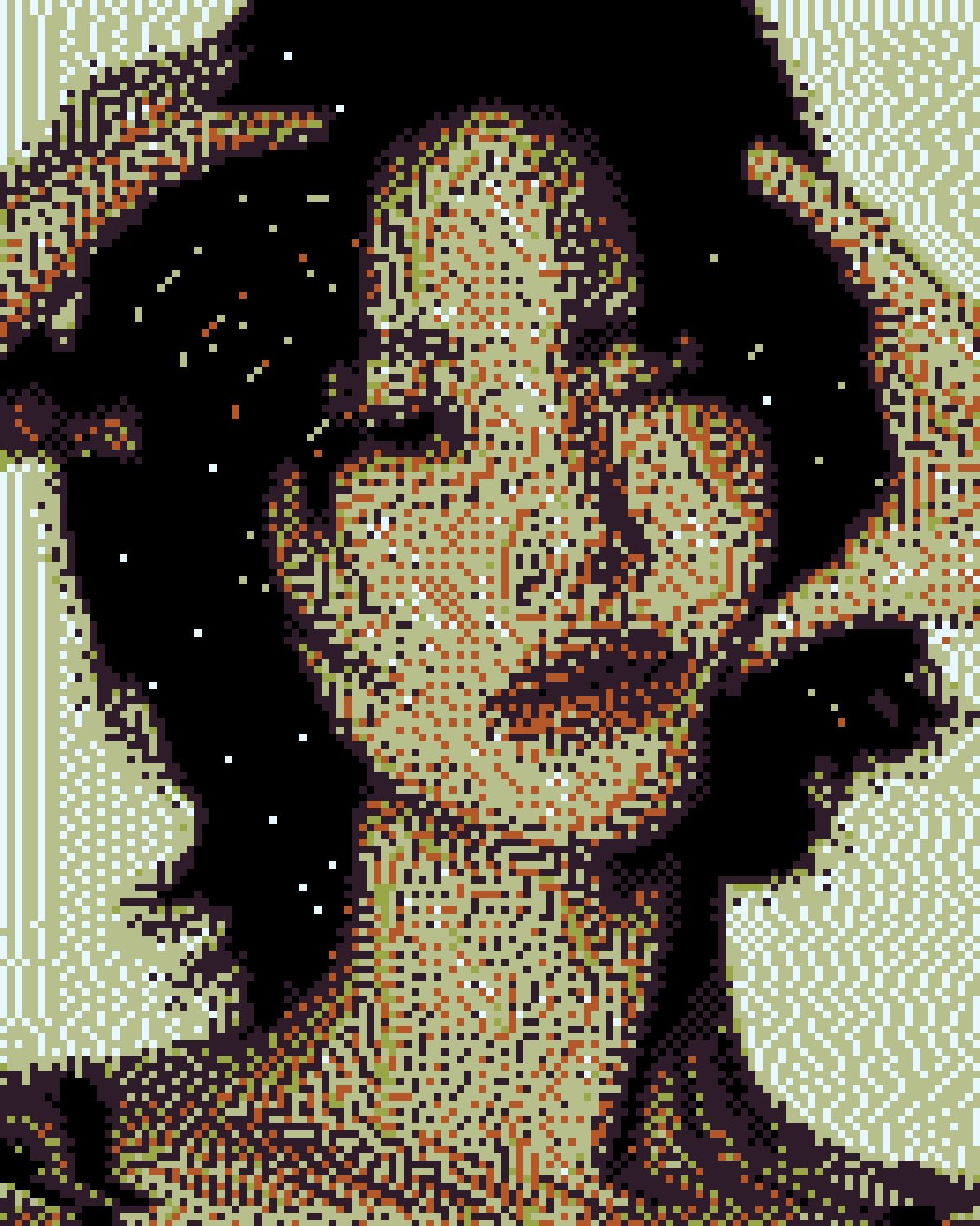 Corrupted image effect on a portrait of a woman with black hair, hands on her head, made with the Corrupt filter in Filter Archive (Knight preset)