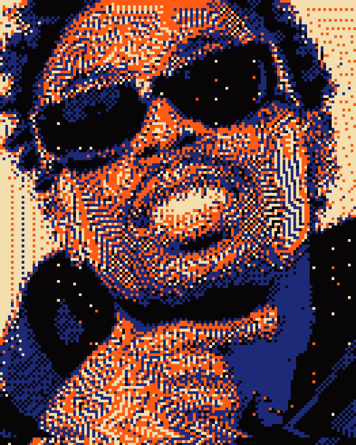 Corrupted image effect on a portrait of a man in black sunglasses, made with the Corrupt filter in Filter Archive (Ember Swap preset)