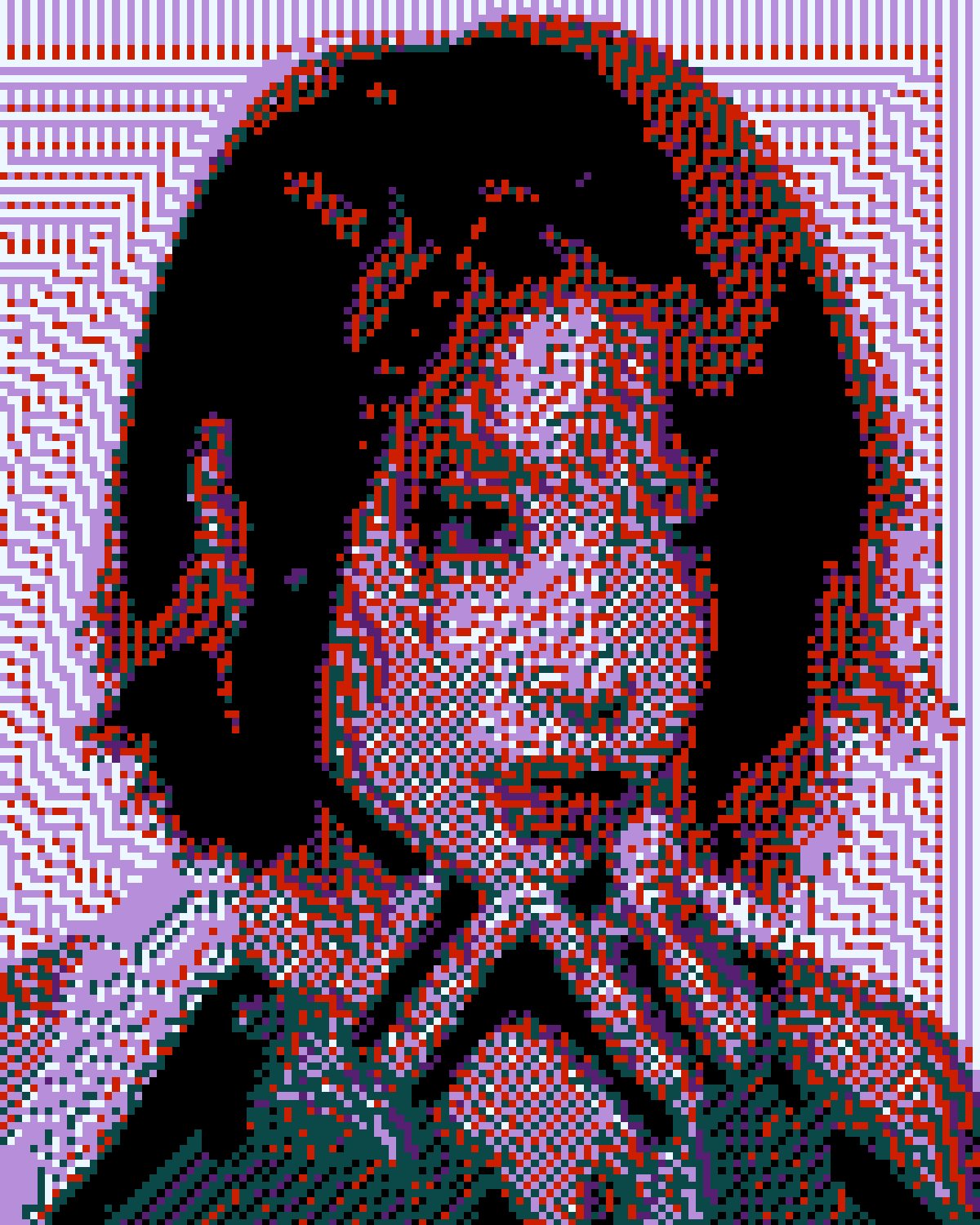 Corrupted image effect on a portrait of a woman with copper red hair, made with the Corrupt filter in Filter Archive (Sunset Cross preset)