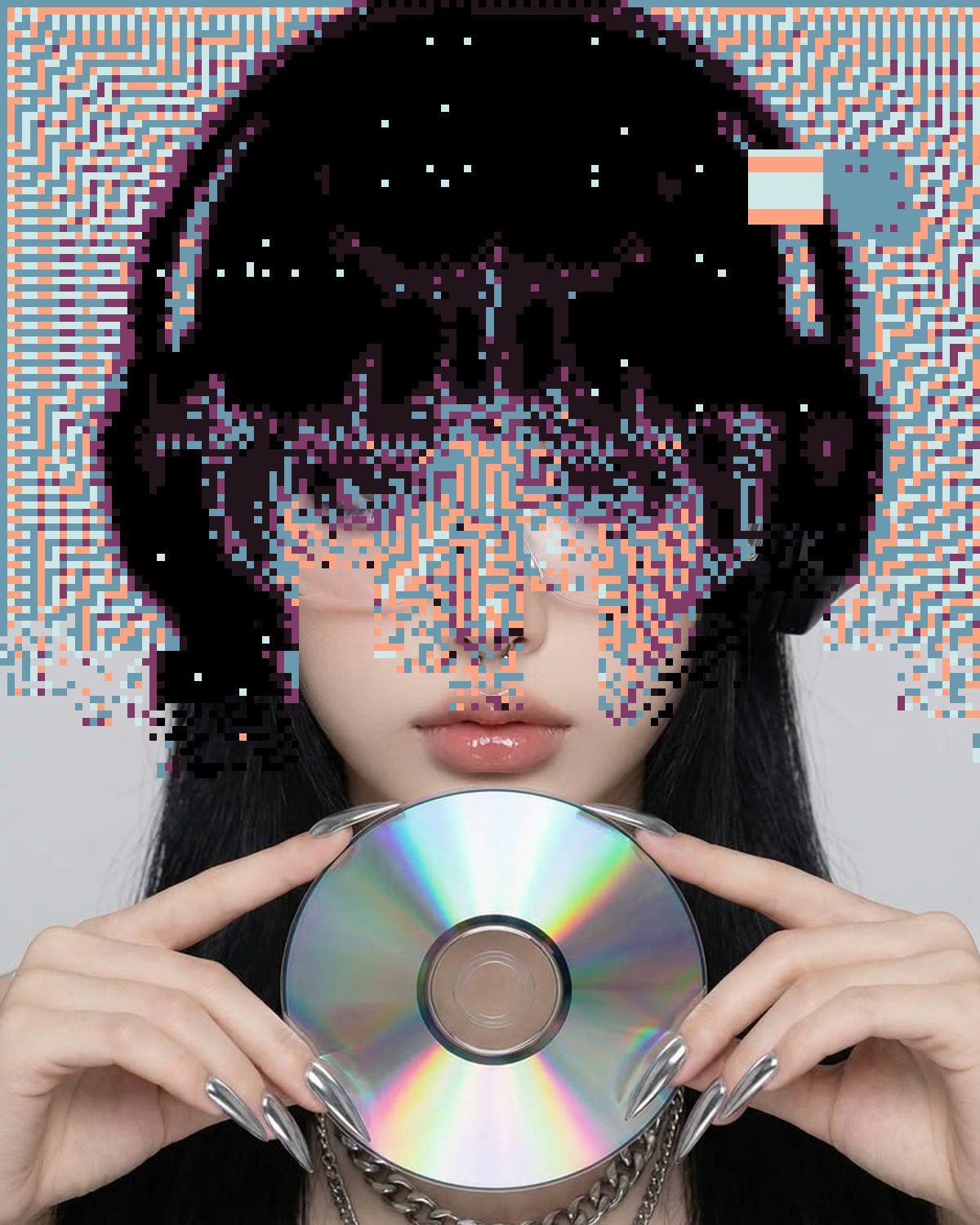 Corrupted image effect on a portrait of a woman in headphones holding a CD, made with the Corrupt filter in Filter Archive (Broken Download preset)
