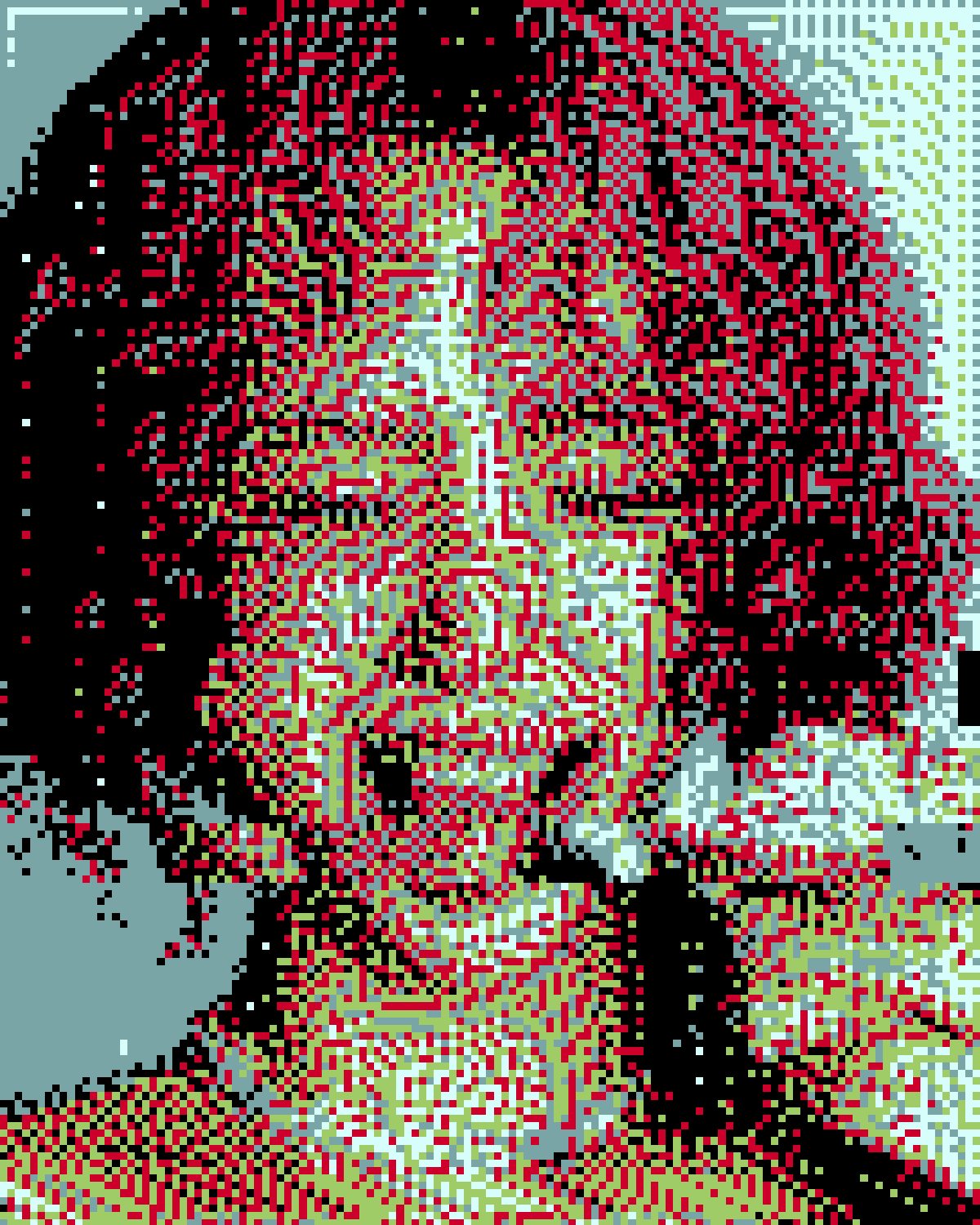 Corrupted image effect on a portrait of a laughing woman with pink curly hair, made with the Corrupt filter in Filter Archive (Night Grid preset)