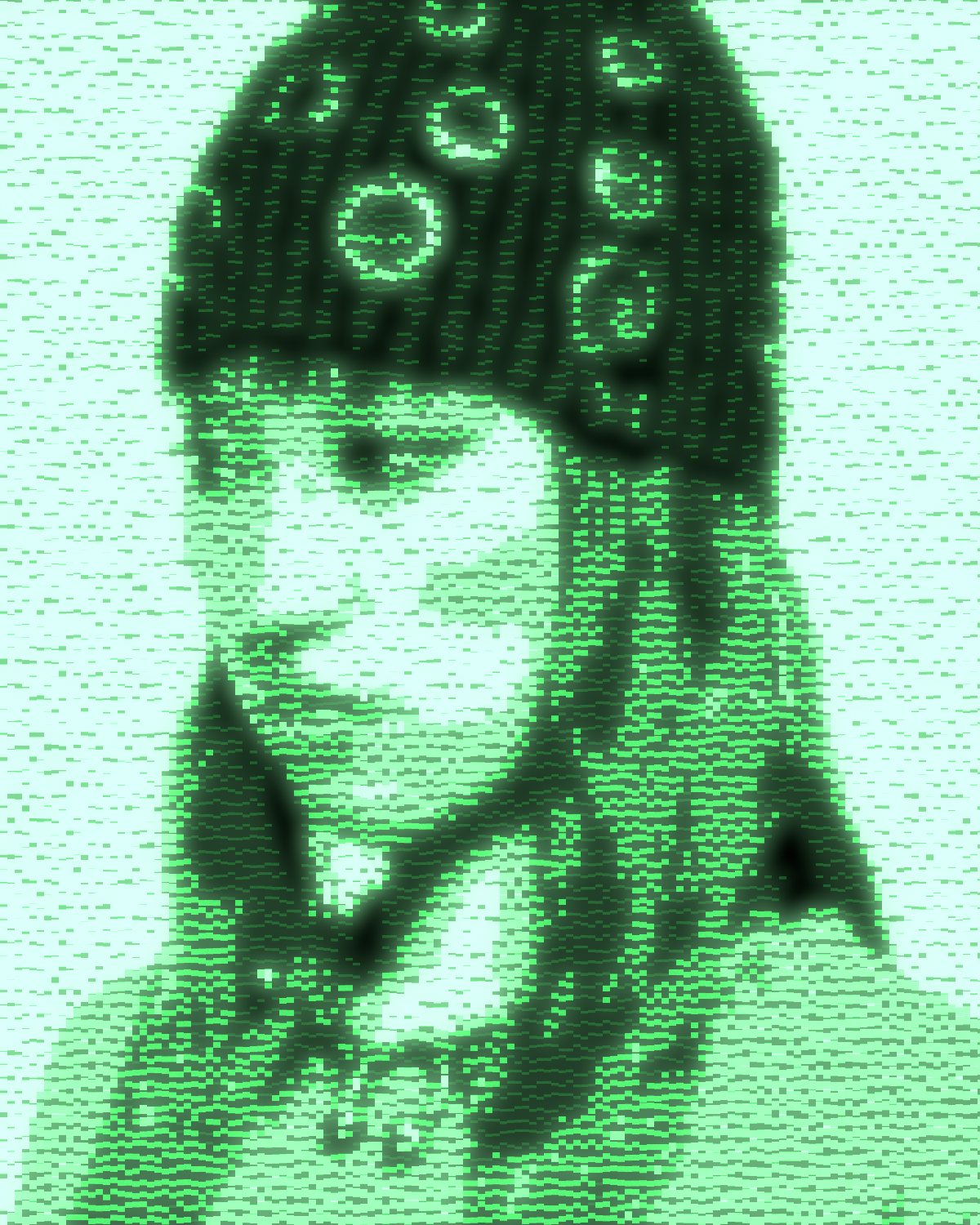 CRT effect on a portrait of a woman with red hair in a studded beanie, made with the CRT filter in Filter Archive (Terminal Green preset)