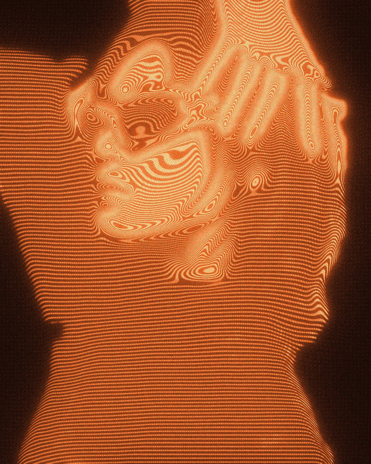 CRT effect on a portrait of a woman with red hair in chrome sunglasses, made with the CRT filter in Filter Archive (Ember Phase preset)