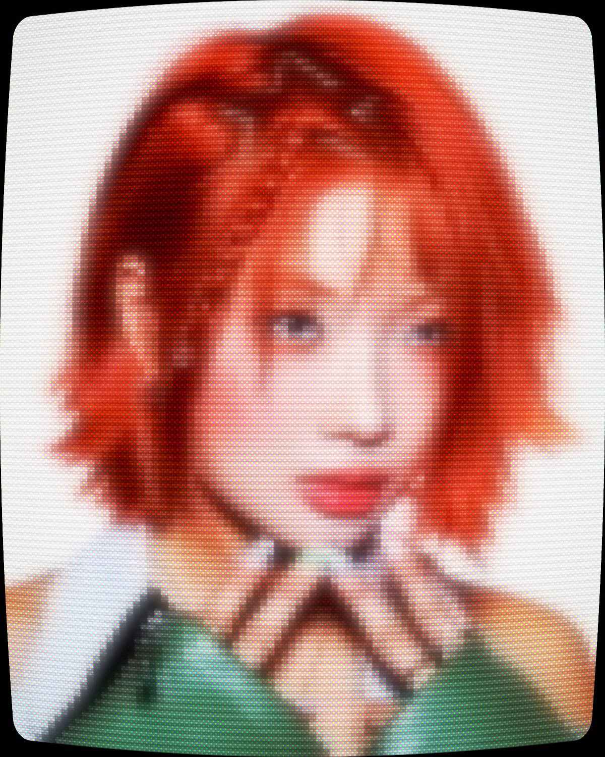 CRT effect on a portrait of a woman with copper red hair, made with the CRT filter in Filter Archive (Composite TV preset)