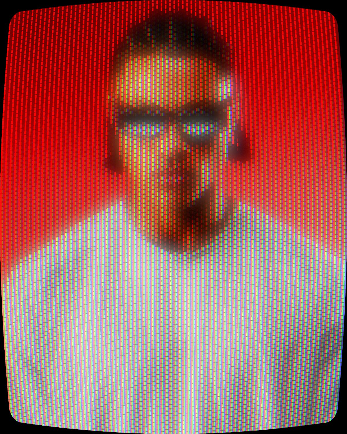 CRT effect on a portrait of a man in sunglasses on a red background, made with the CRT filter in Filter Archive (Consumer TV preset)