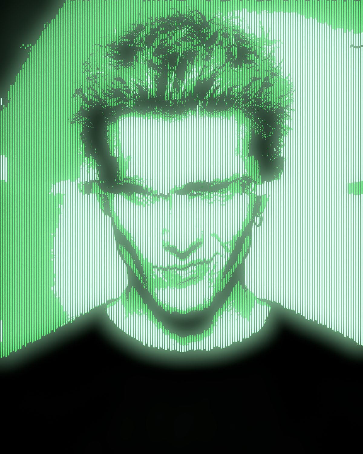 CRT effect on a portrait of a man with spiky red hair on a blue background, made with the CRT filter in Filter Archive (Blown Phosphor preset)