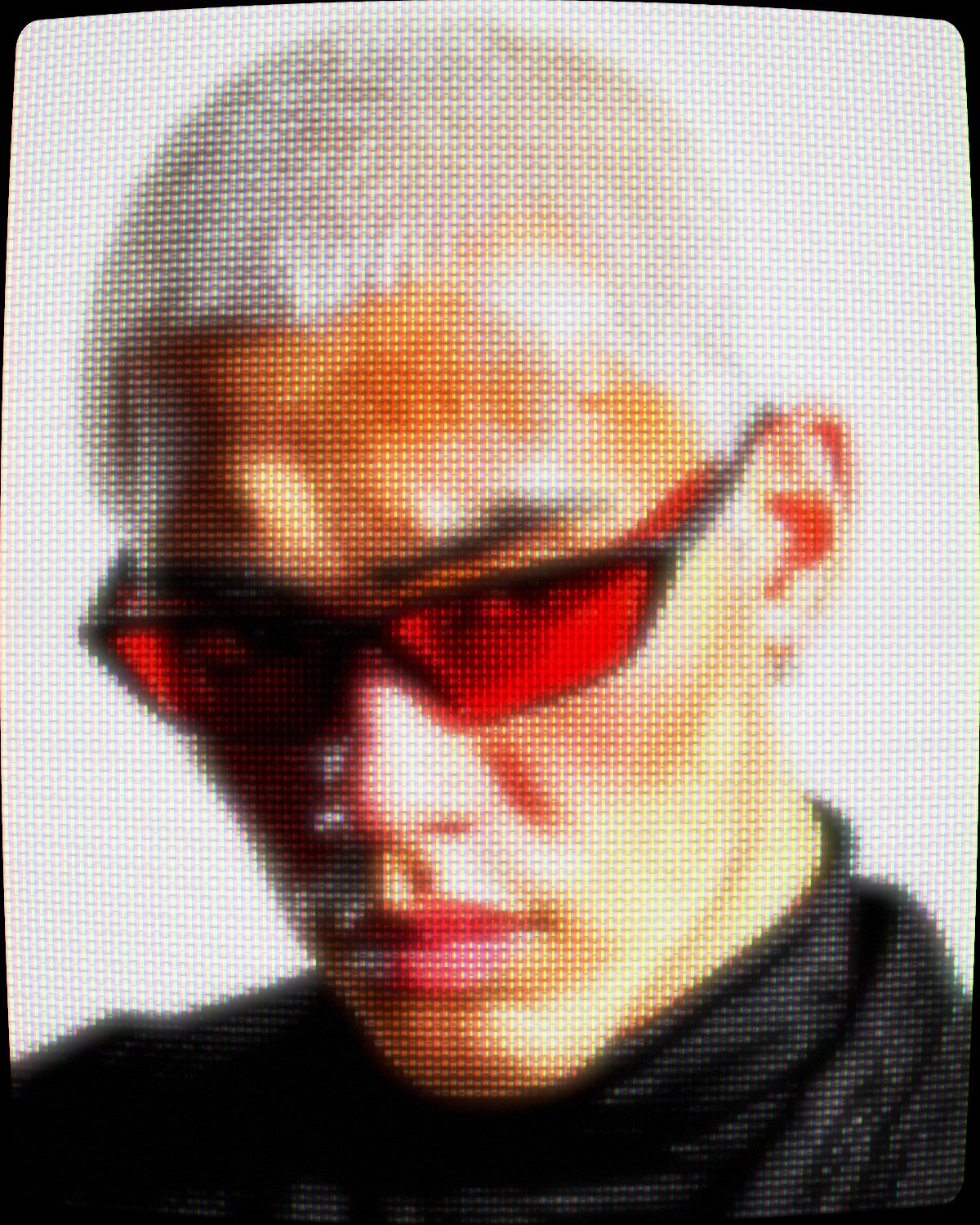 CRT effect on a portrait of a man with silver hair and red sunglasses, made with the CRT filter in Filter Archive (Arcade preset)