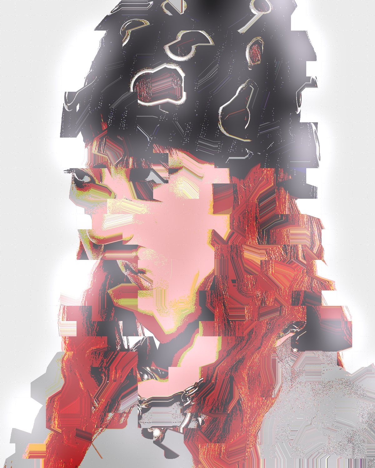 Datamosh effect on a portrait of a woman with red hair in a studded beanie, made with the Datamosh filter in Filter Archive (Bloom preset)