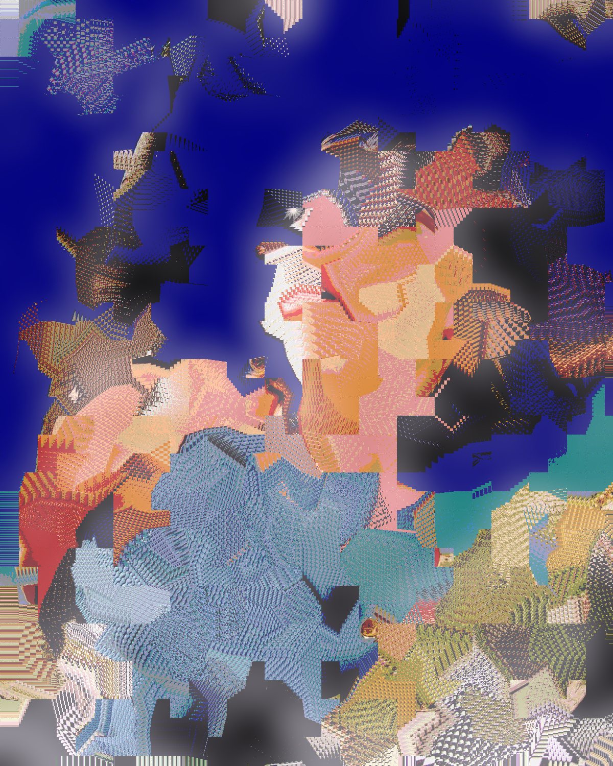 Datamosh effect on a portrait of a woman in sunglasses against a blue sky, made with the Datamosh filter in Filter Archive (Melt preset)