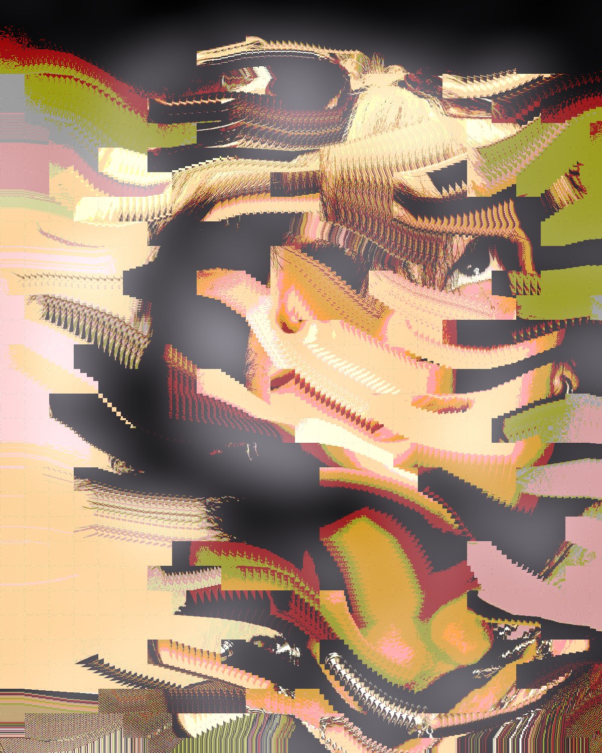 Datamosh effect on a portrait of a person with goggles looking up, made with the Datamosh filter in Filter Archive (Smear preset)