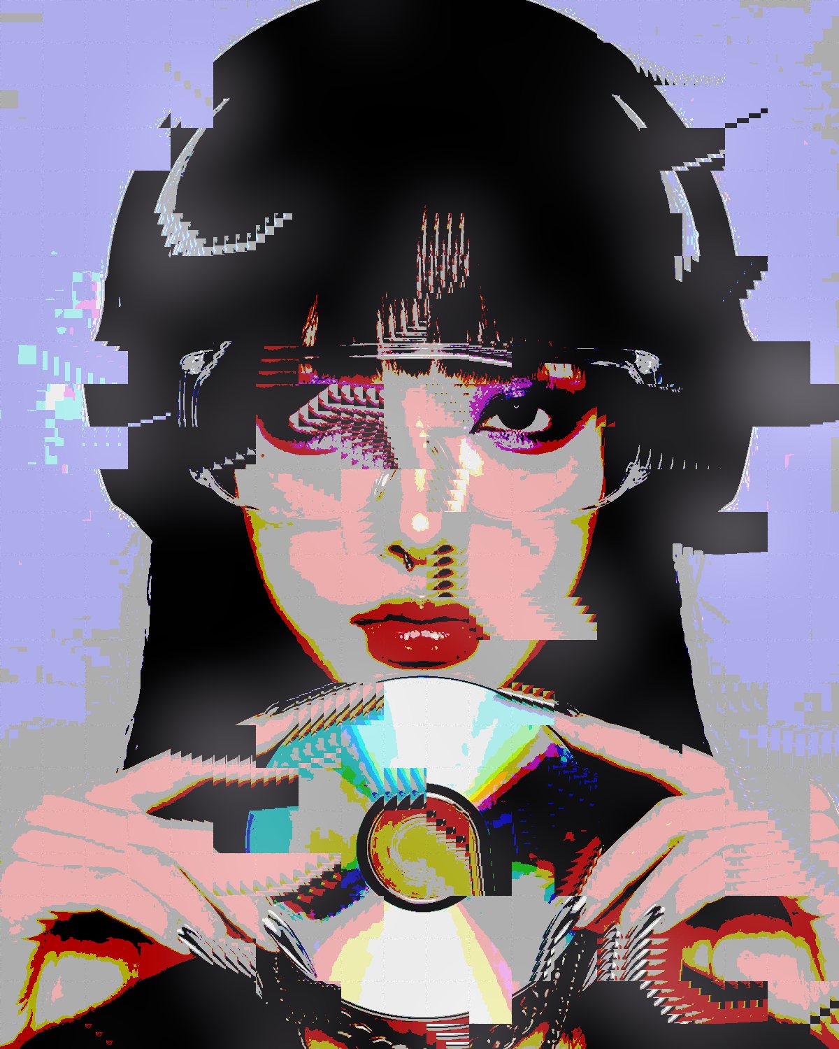 Datamosh effect on a portrait of a woman in headphones holding a CD, made with the Datamosh filter in Filter Archive (Barely Moving preset)