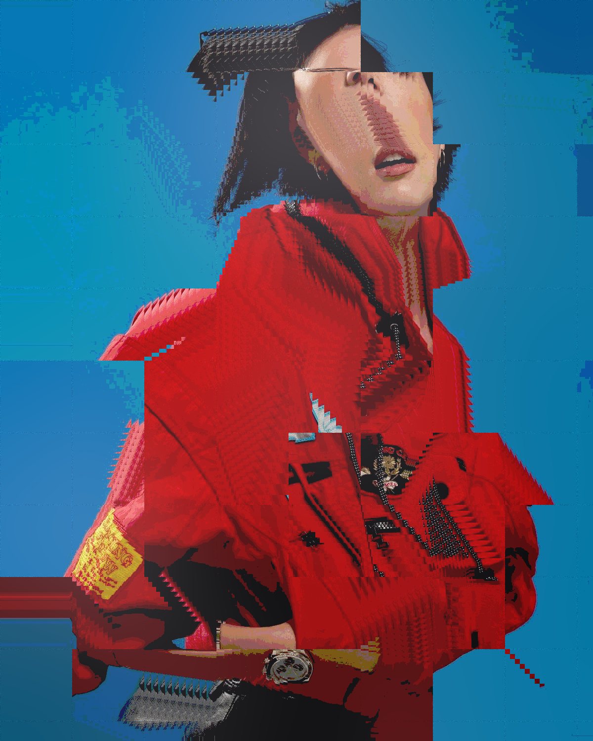 Datamosh effect on a portrait of a woman in a red jacket on a blue background, made with the Datamosh filter in Filter Archive (Coarse Blocks preset)