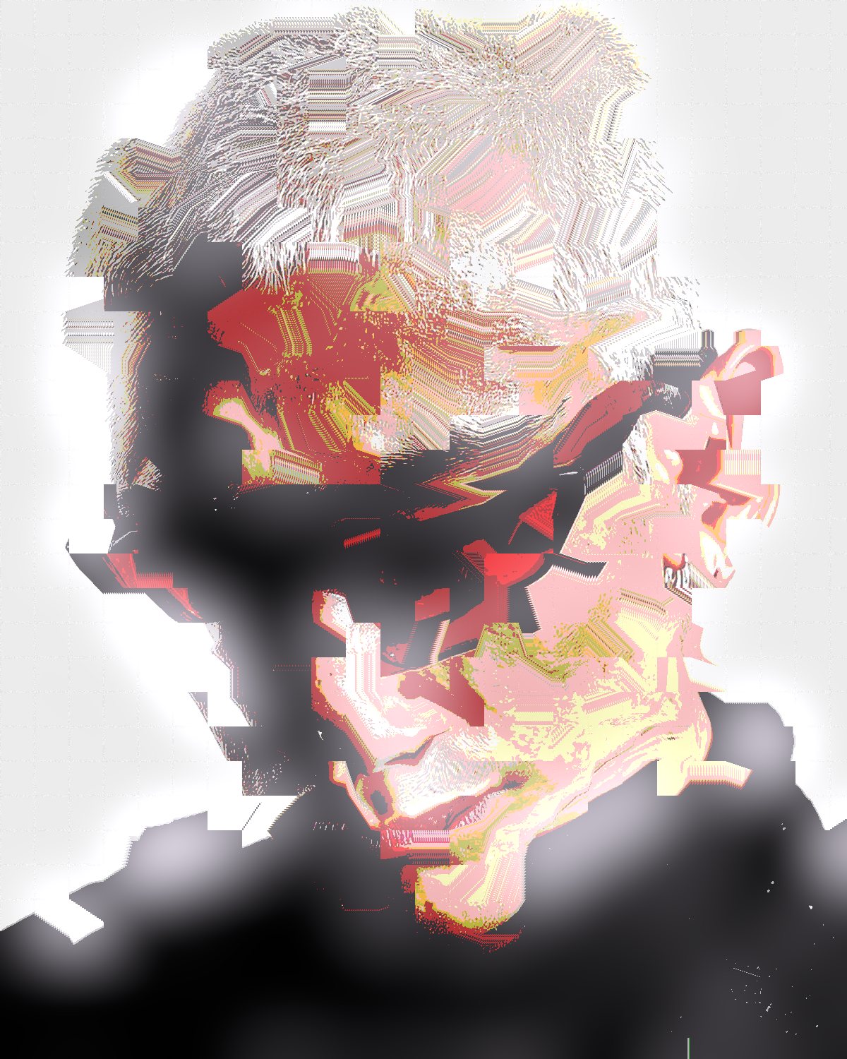 Datamosh effect on a portrait of a man with silver hair and red sunglasses, made with the Datamosh filter in Filter Archive (Bloom preset)