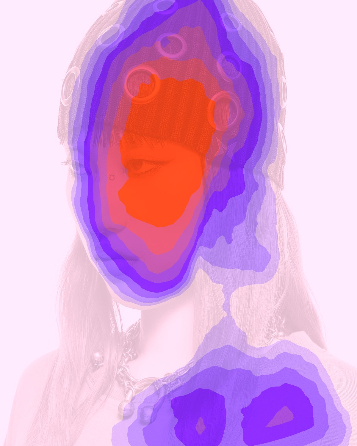 Depth gradient effect on a portrait of a woman with red hair in a studded beanie, made with the Light Map filter in Filter Archive (Contours preset)