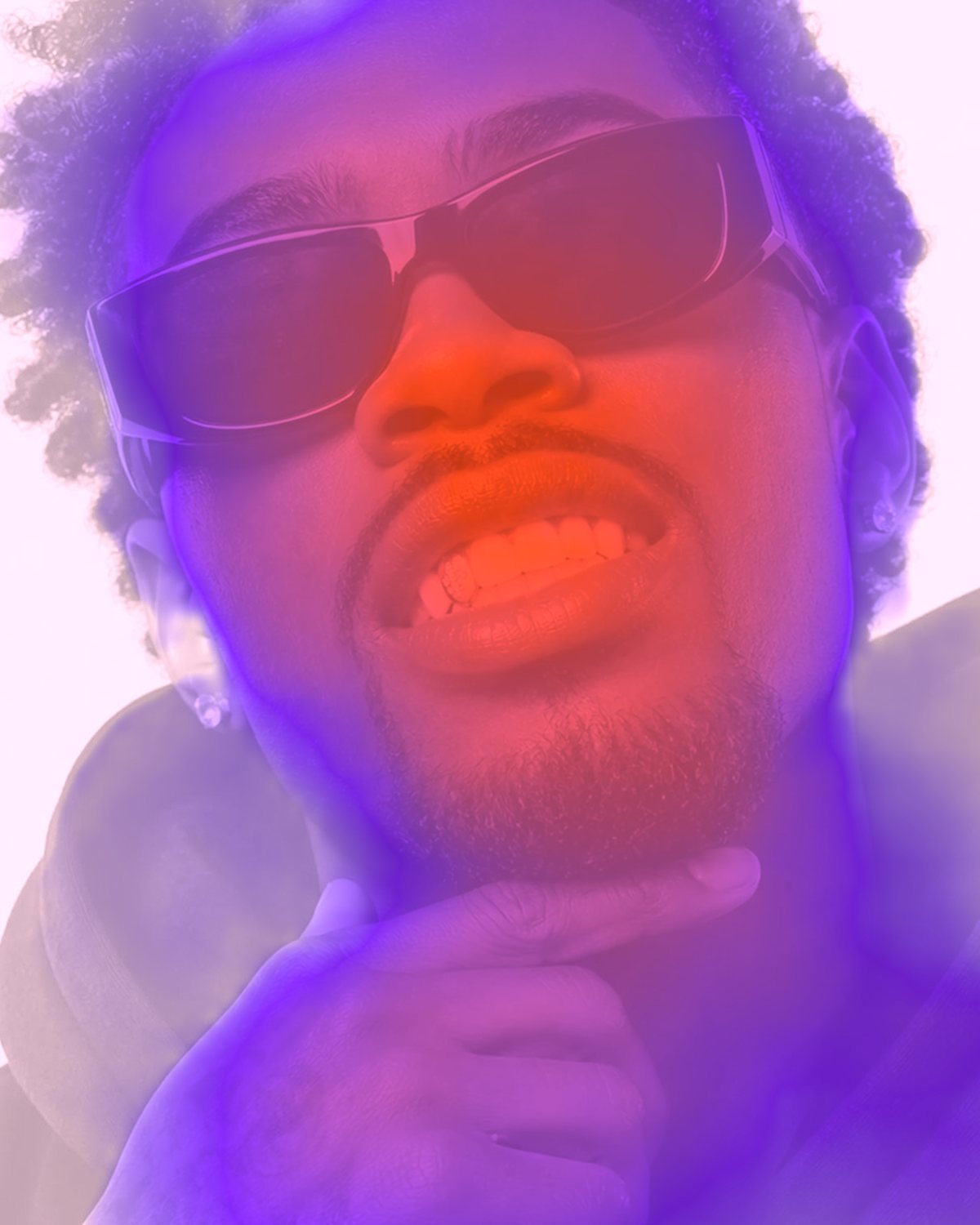 Depth gradient effect on a portrait of a man in black sunglasses, made with the Light Map filter in Filter Archive (Heat preset)