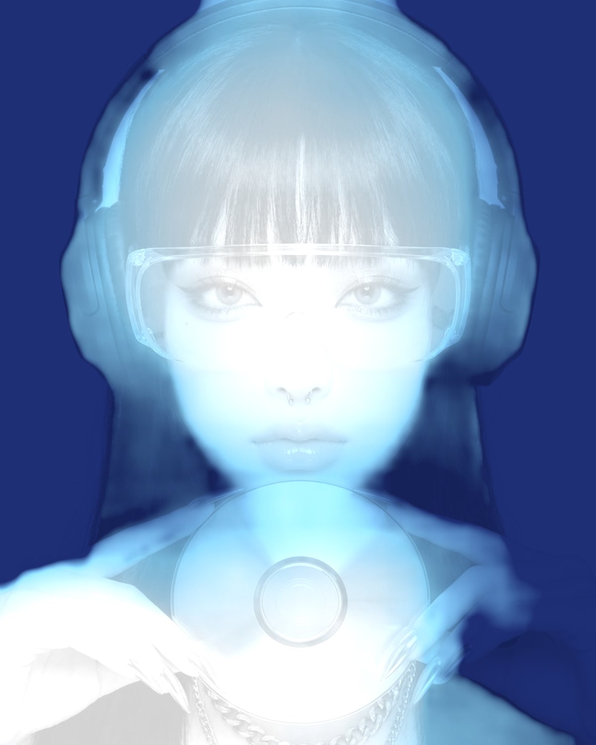 Depth gradient effect on a portrait of a woman in headphones holding a CD, made with the Light Map filter in Filter Archive (Ice preset)