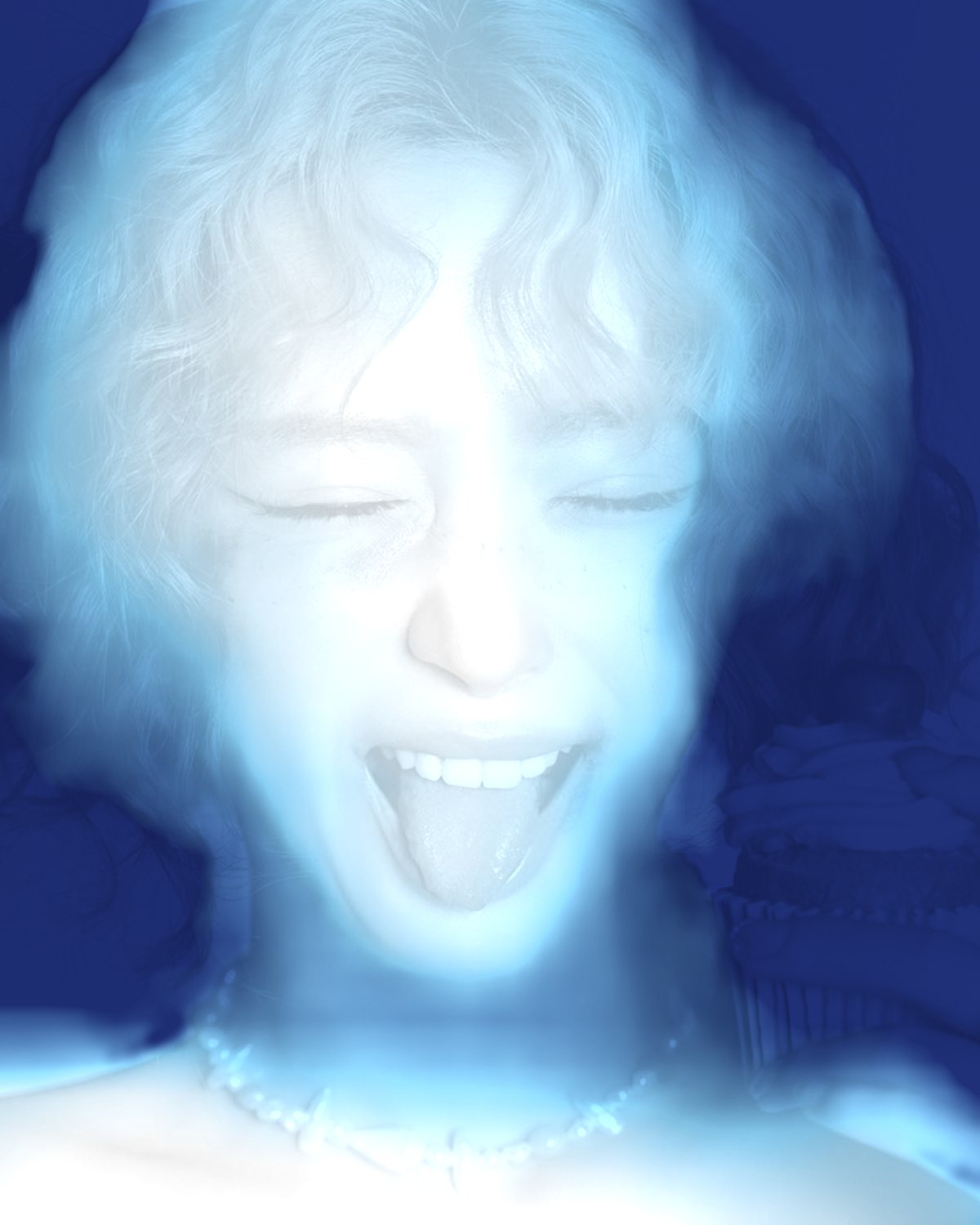 Depth gradient effect on a portrait of a laughing woman with pink curly hair, made with the Light Map filter in Filter Archive (Ice preset)