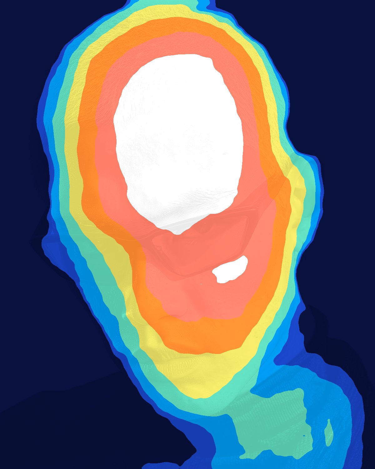 Depth gradient effect on a portrait of a man with silver hair and red sunglasses, made with the Light Map filter in Filter Archive (Thermal preset)