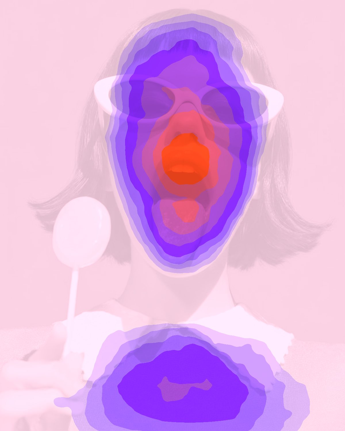 Depth gradient effect on a portrait of a woman in white sunglasses with a lollipop, made with the Light Map filter in Filter Archive (Contours preset)