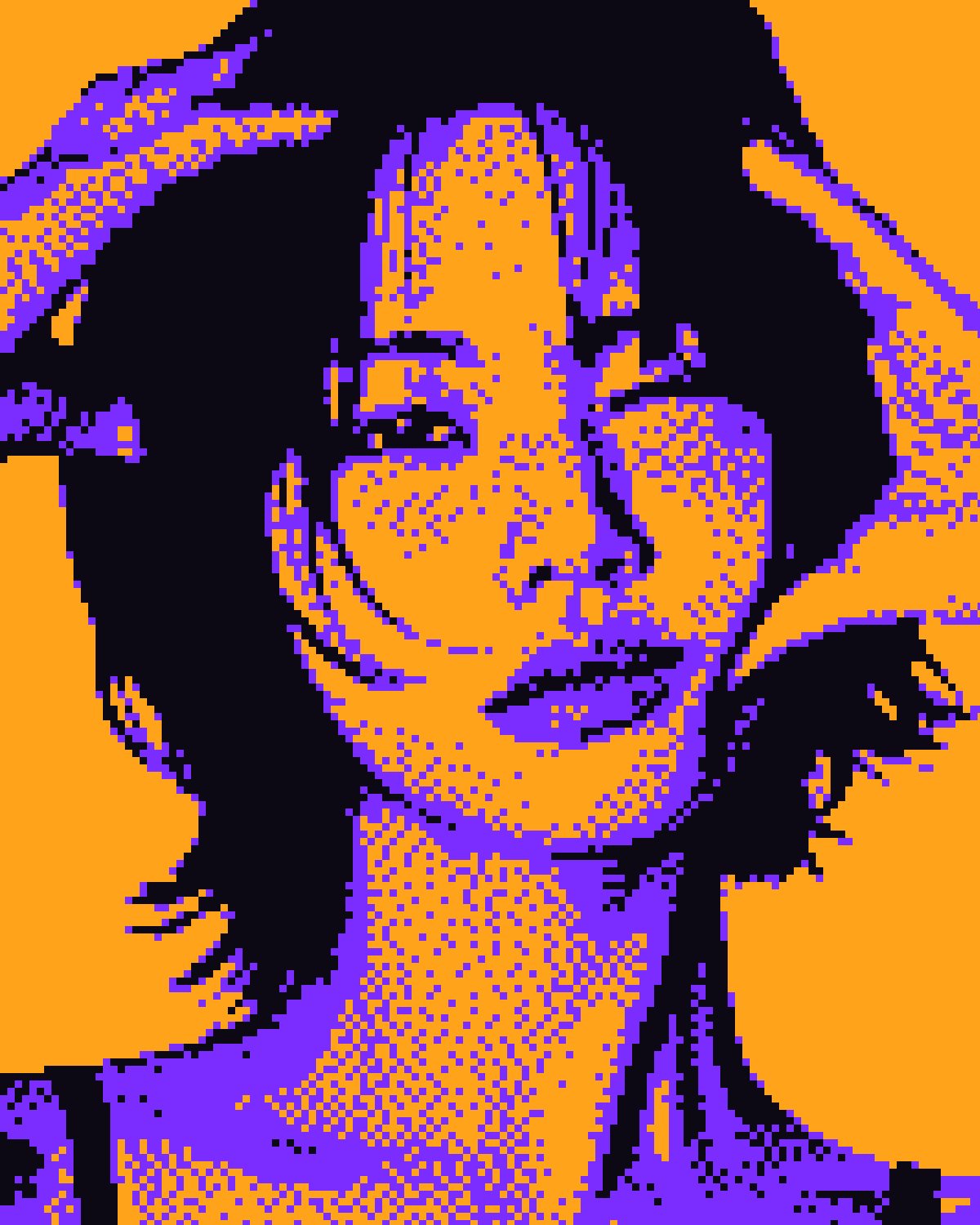 Dither effect on a portrait of a woman with black hair, hands on her head, made with the Bitmap filter in Filter Archive (Tritone preset)