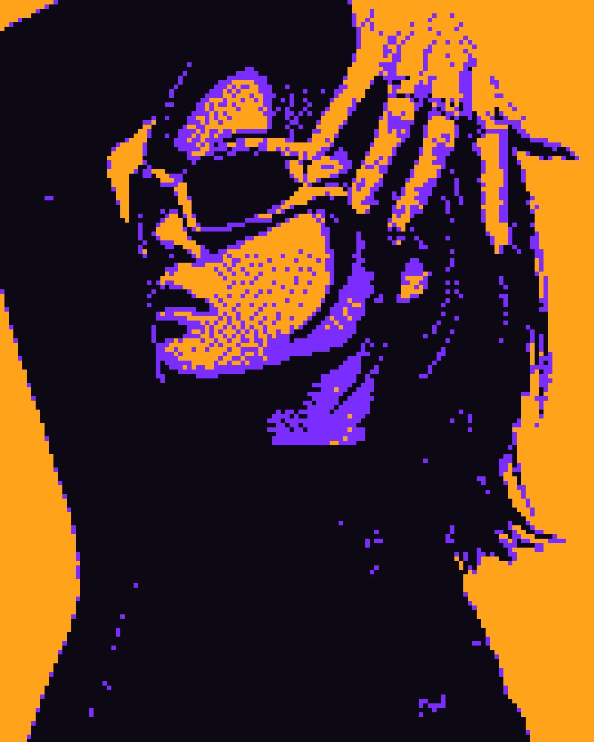 Dither effect on a portrait of a woman with red hair in chrome sunglasses, made with the Bitmap filter in Filter Archive (Tritone preset)