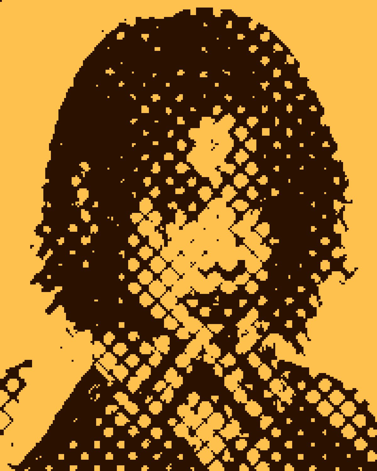 Dither effect on a portrait of a woman with copper red hair, made with the Bitmap filter in Filter Archive (Amber Dots preset)