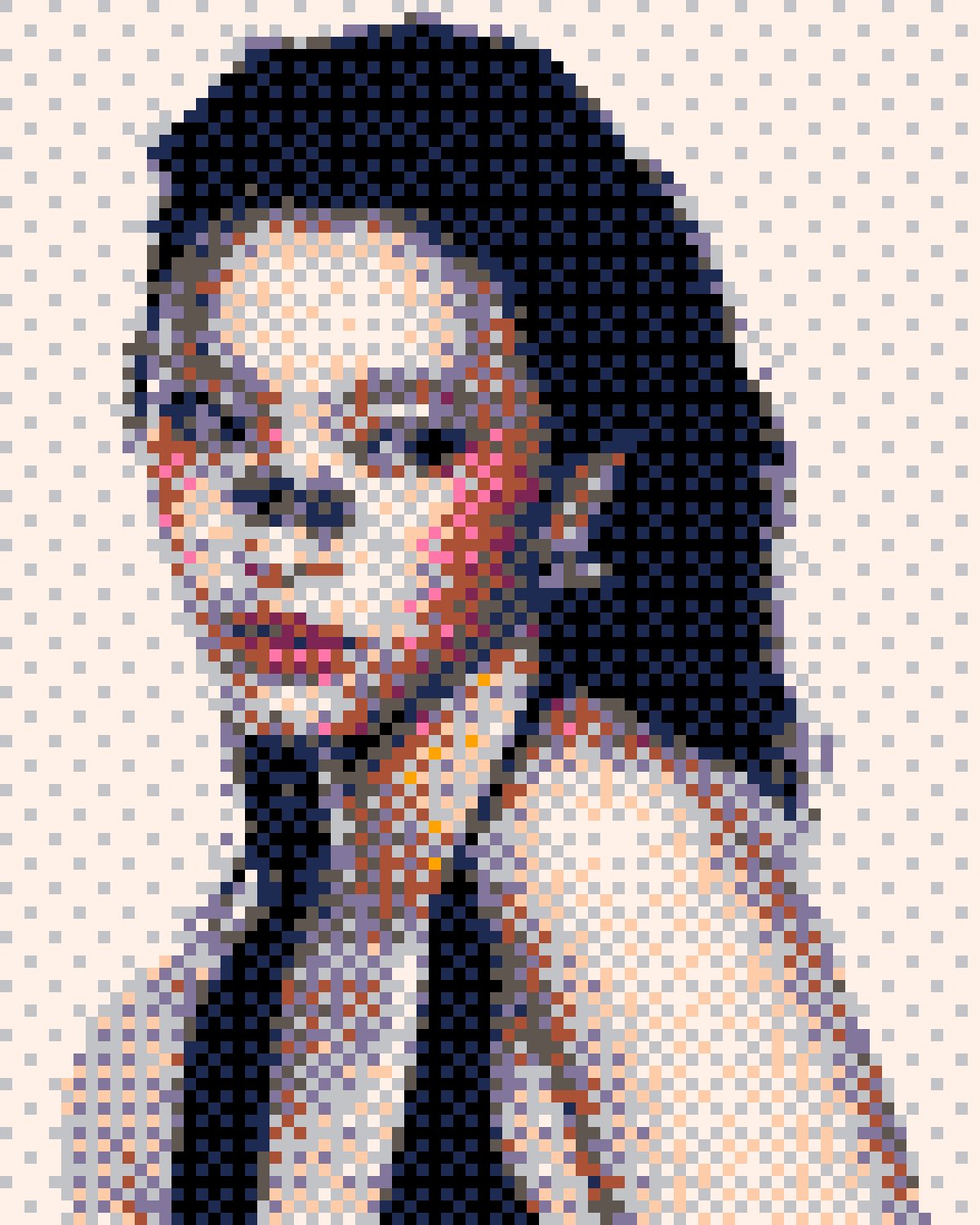 Dither effect on a portrait of a woman with a nose strip on a white background, made with the Bitmap filter in Filter Archive (Fantasy Console preset)