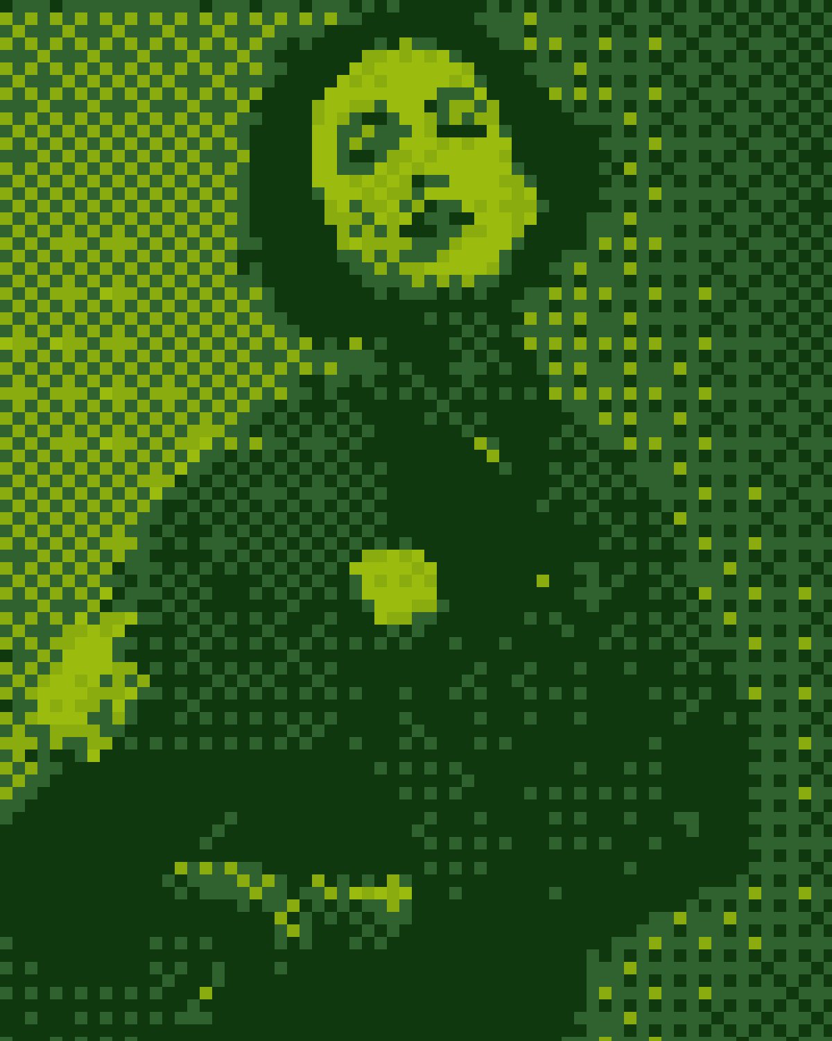 Dither effect on a portrait of a woman in a red jacket on a blue background, made with the Bitmap filter in Filter Archive (Handheld preset)
