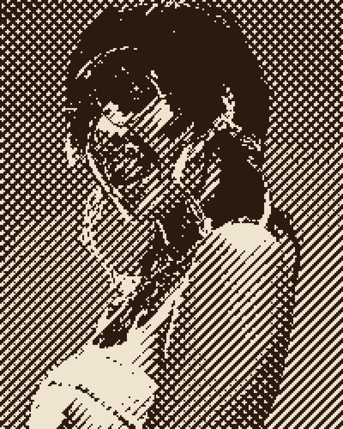 Dither effect on a portrait of a woman with silver chains on a grey background, made with the Bitmap filter in Filter Archive (Etching preset)
