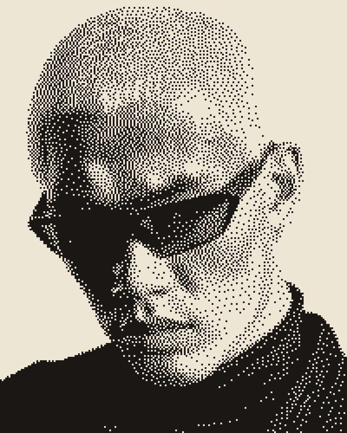 Dither effect on a portrait of a man with silver hair and red sunglasses, made with the Bitmap filter in Filter Archive (Newsprint preset)
