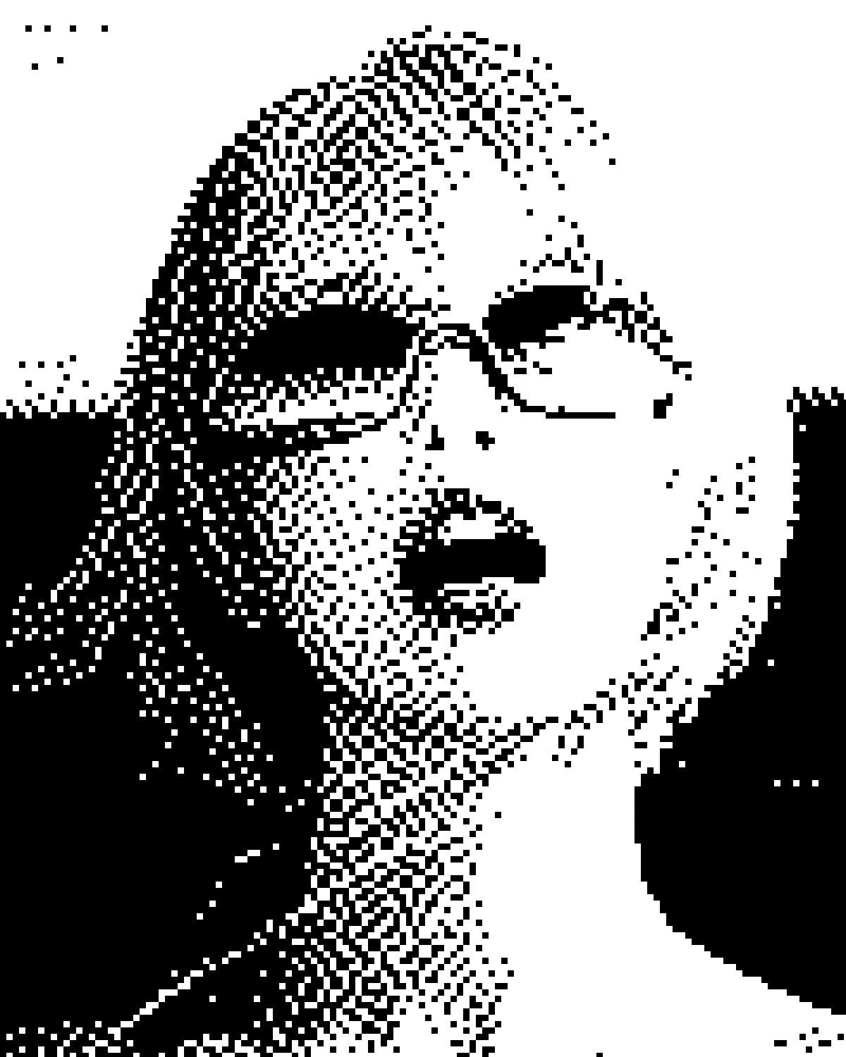 Dither effect on a portrait of a woman with silver hair and blue sunglasses by the sea, made with the Bitmap filter in Filter Archive (Macintosh preset)