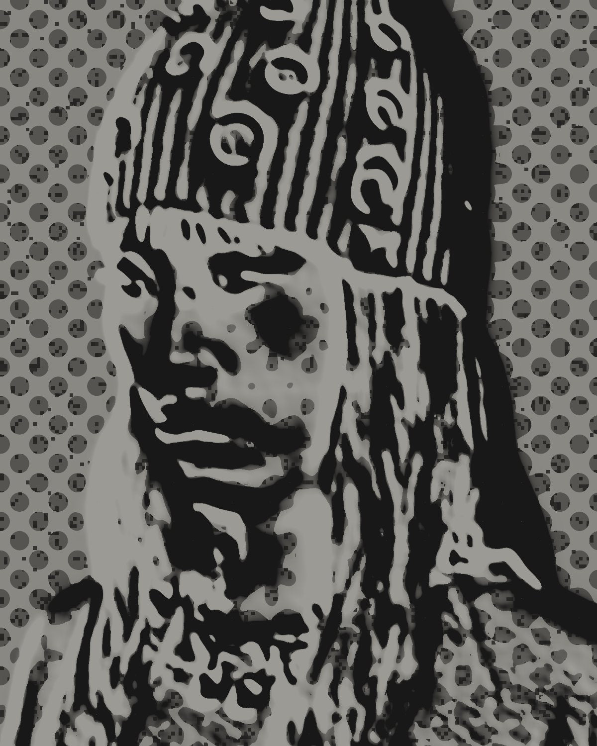Emboss effect on a portrait of a woman with red hair in a studded beanie, made with the Emboss filter in Filter Archive (Gravestone preset)